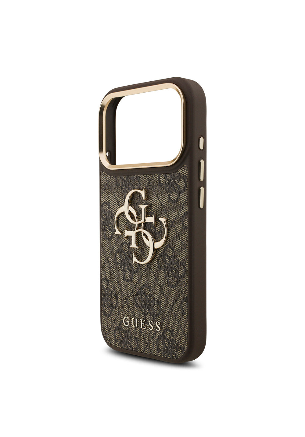 Guess Gold Metal Kamera Çerçeveli 4G Desenli Metal Büyük 4G ve Yazı Logolu – iPhone 18 Pro Kılıfı