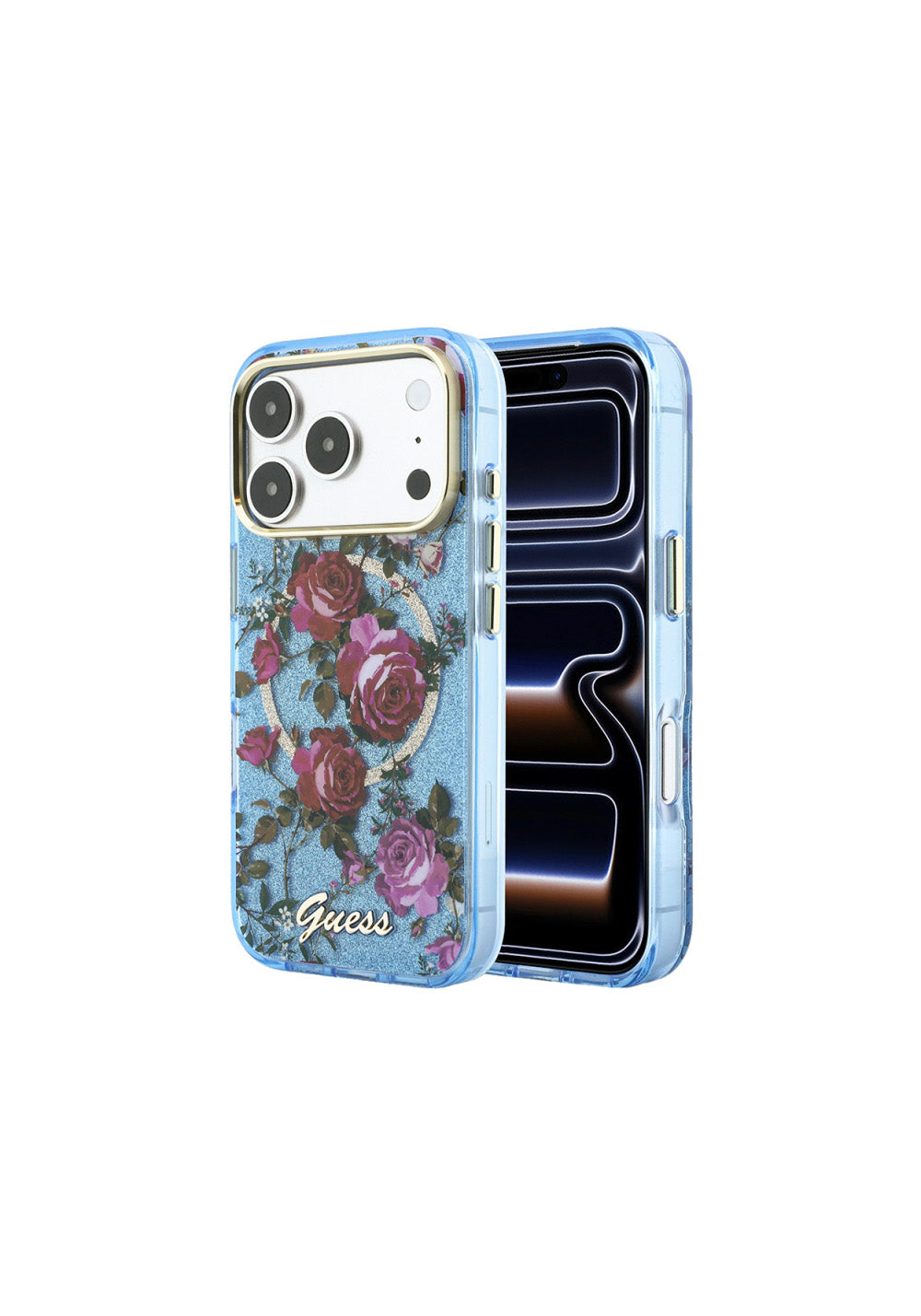 Guess Gül Desenli Simli Yazı Logolu – iPhone 18 Pro Max Kılıfı