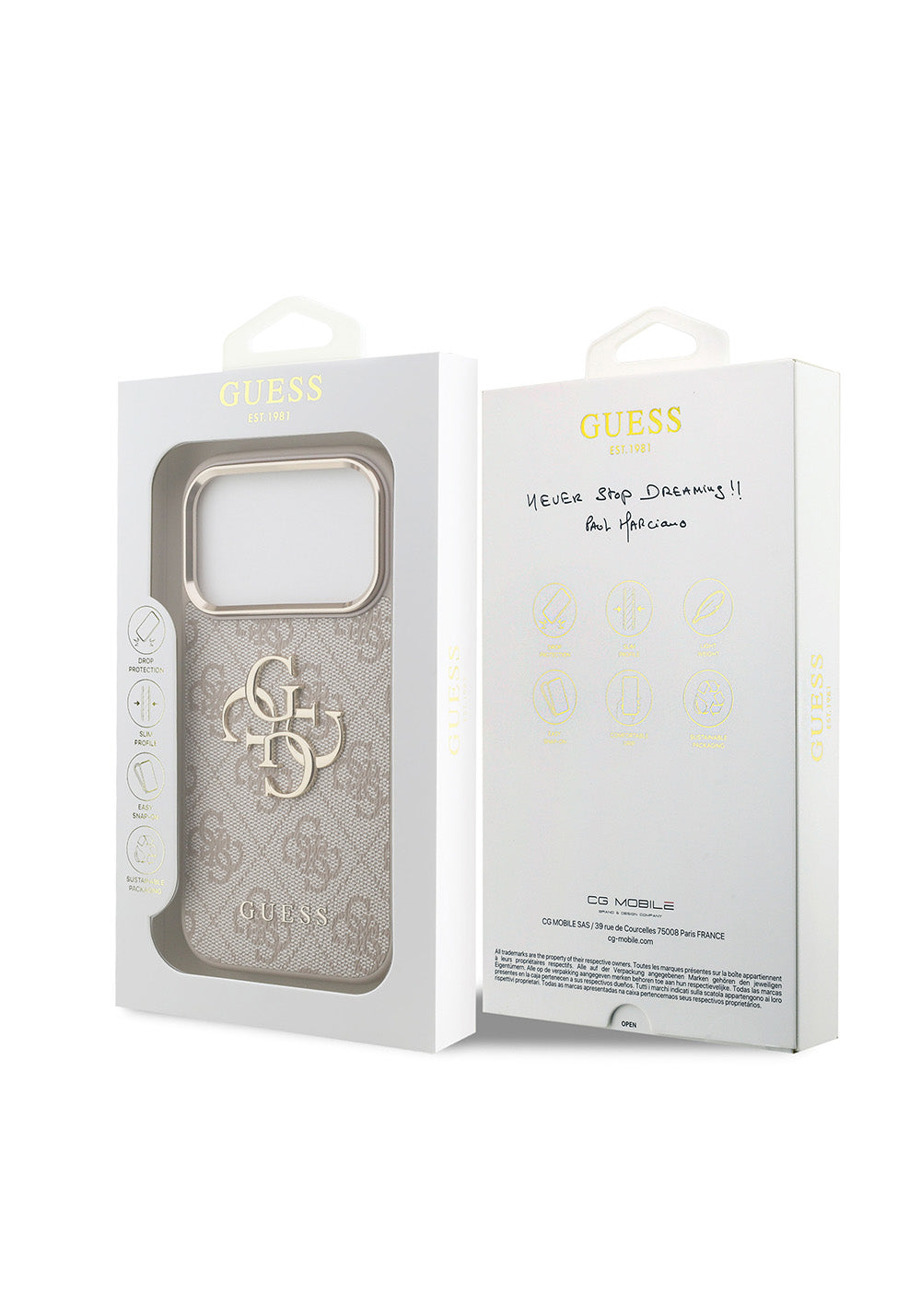 Guess Gold Metal Kamera Çerçeveli 4G Desenli Metal Büyük 4G ve Yazı Logolu – iPhone 18 Pro Kılıfı