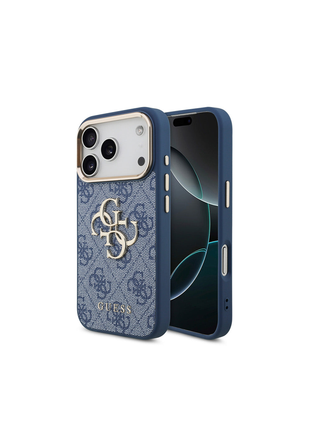 Guess Gold Metal Kamera Çerçeveli 4G Desenli Metal Büyük 4G ve Yazı Logolu – iPhone 18 Pro Kılıfı