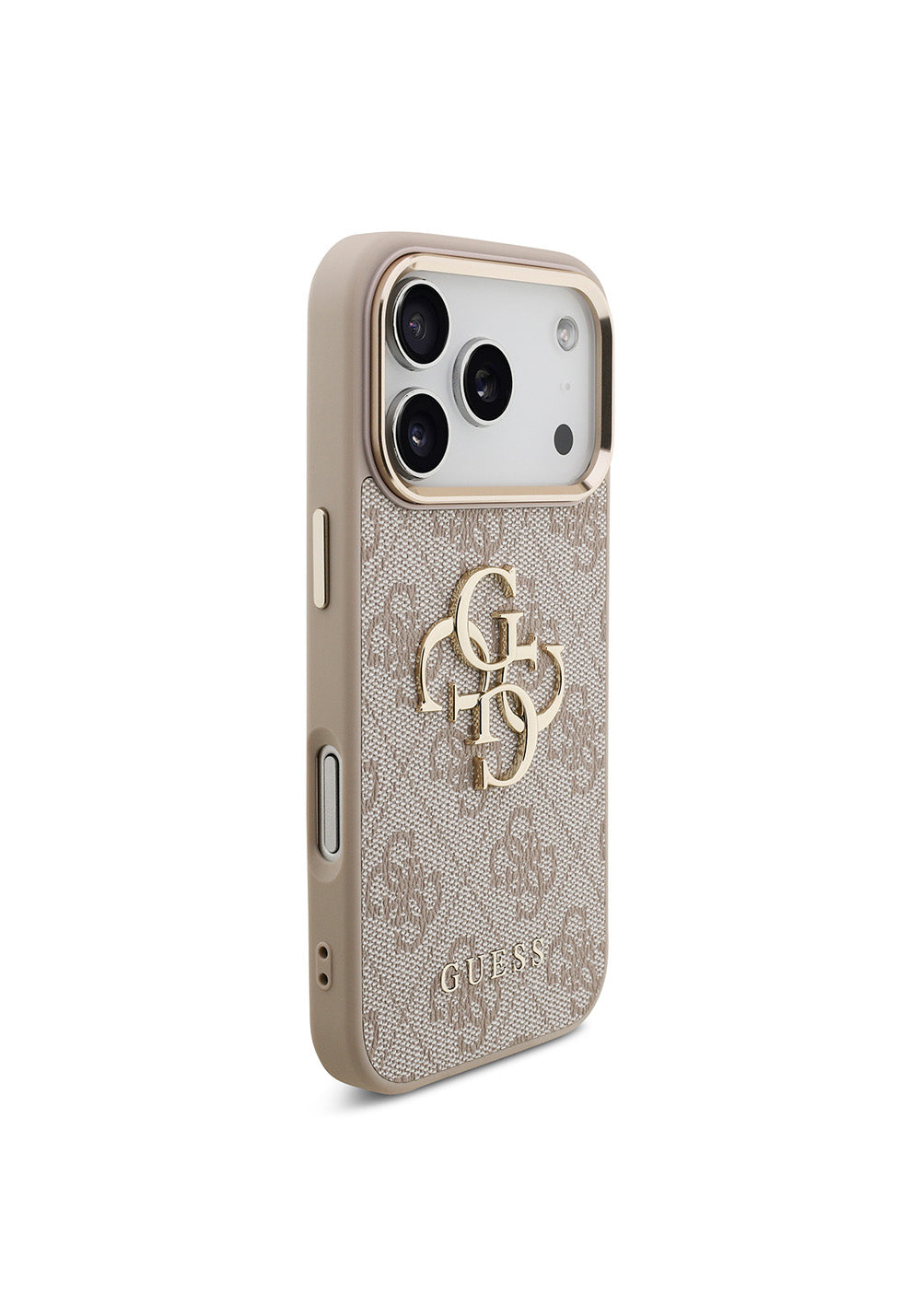 Guess Gold Metal Kamera Çerçeveli 4G Desenli Metal Büyük 4G ve Yazı Logolu – iPhone 18 Pro Kılıfı