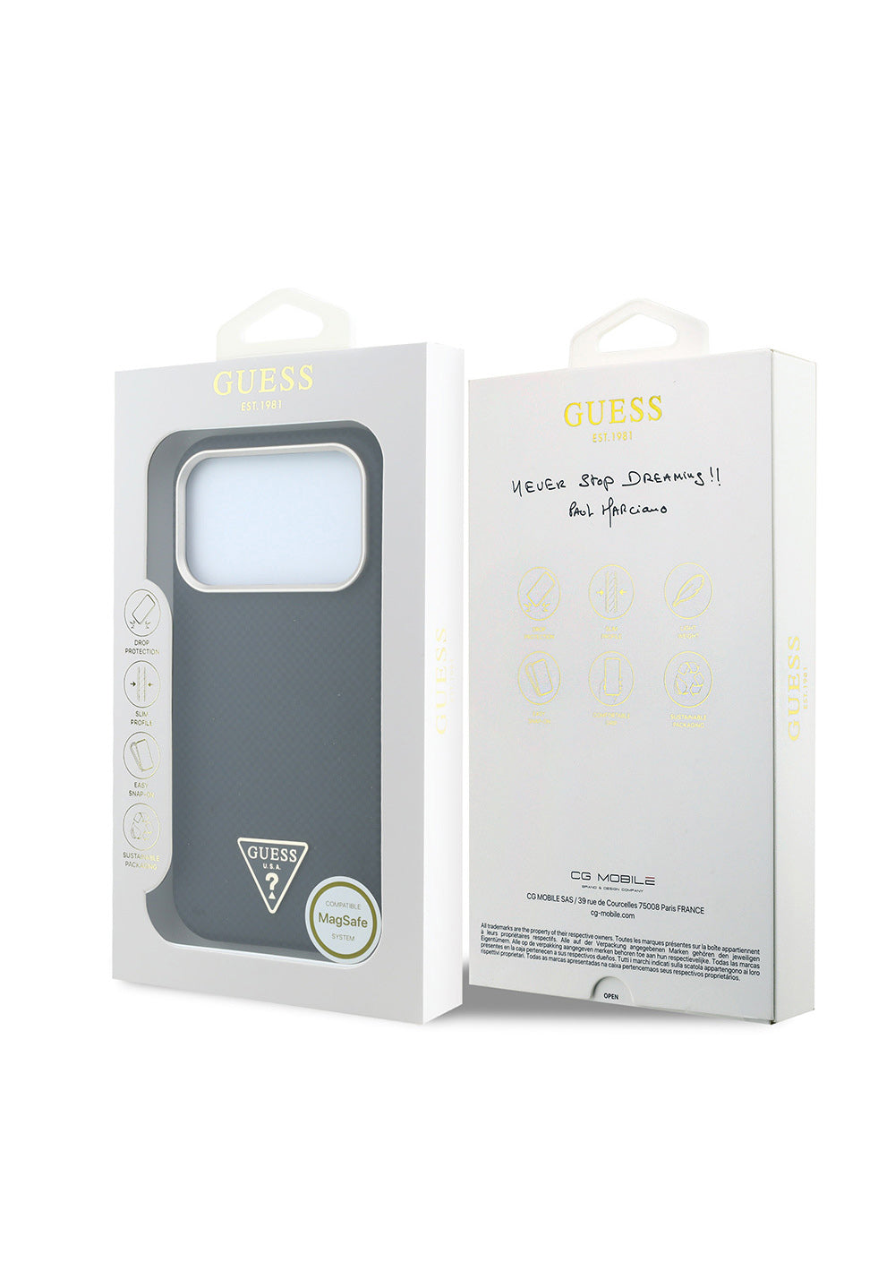Guess PU Metal Üçgen Logolu Karbon Fiber Kevlar – iPhone 18 Pro Kılıfı