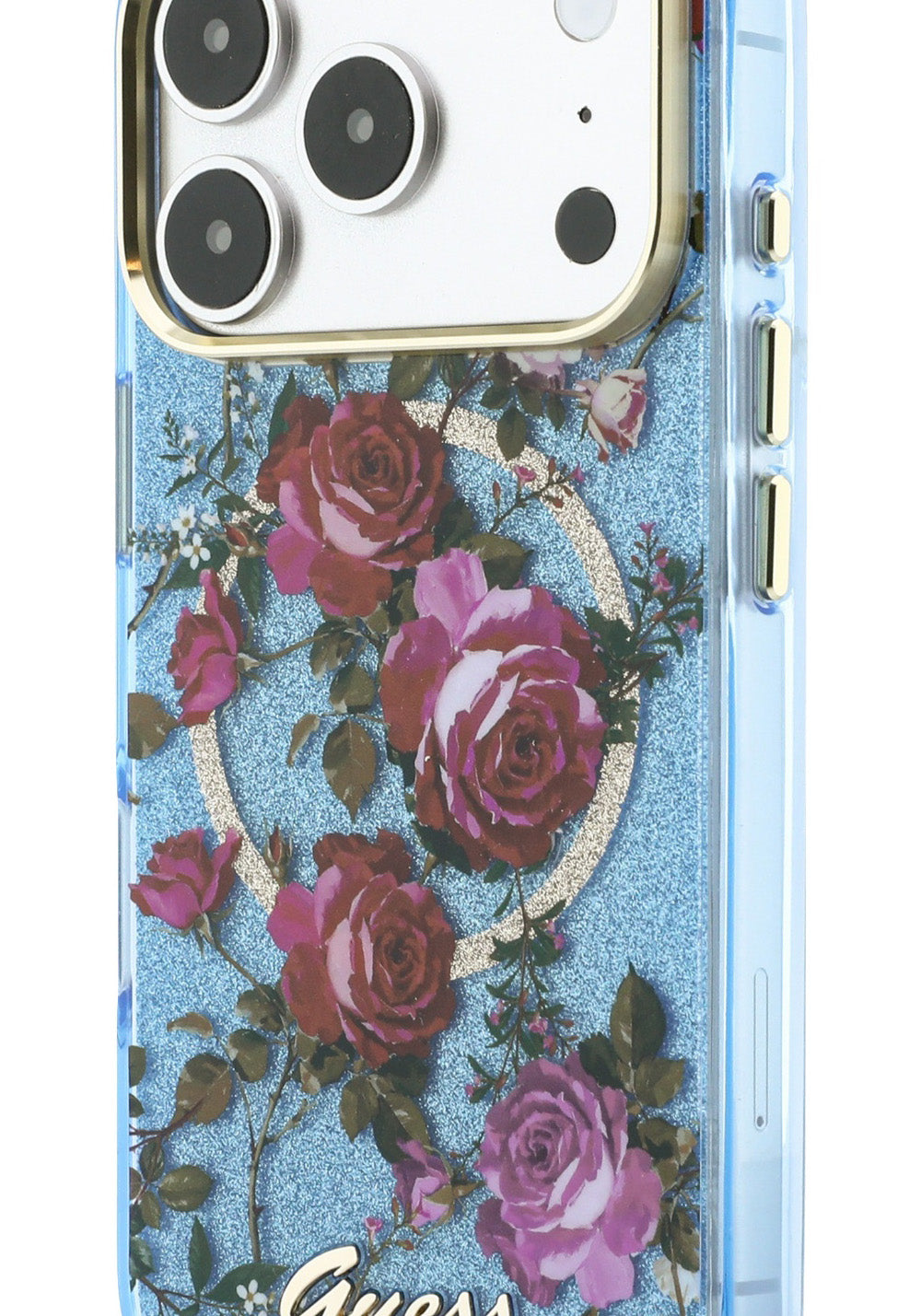 Guess Gül Desenli Simli Yazı Logolu – iPhone 18 Pro Kılıfı