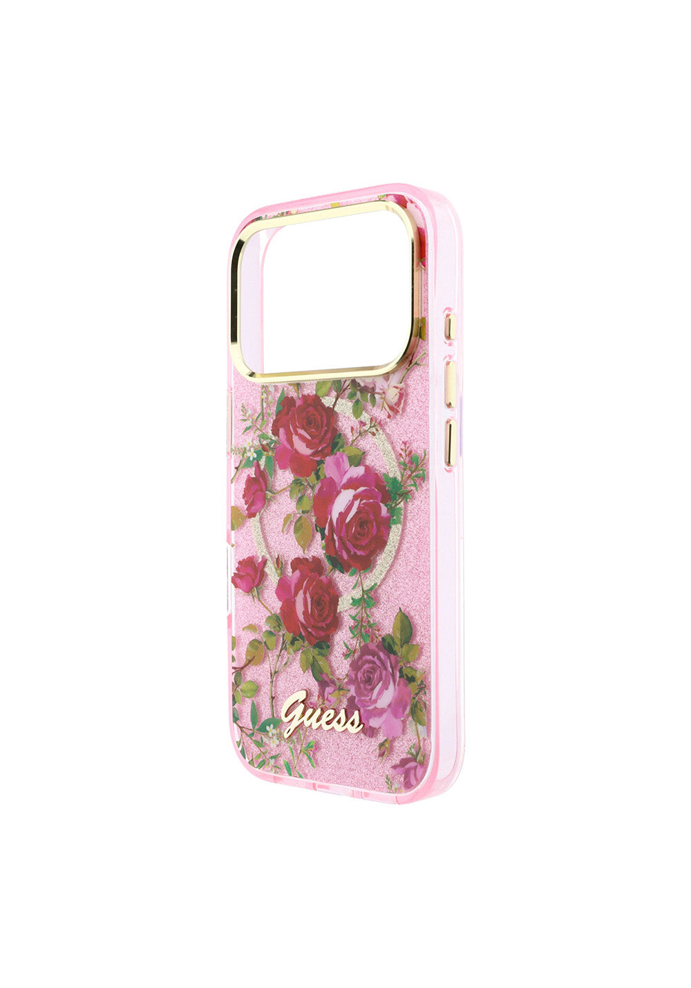 Guess Gül Desenli Simli Yazı Logolu – iPhone 18 Pro Kılıfı