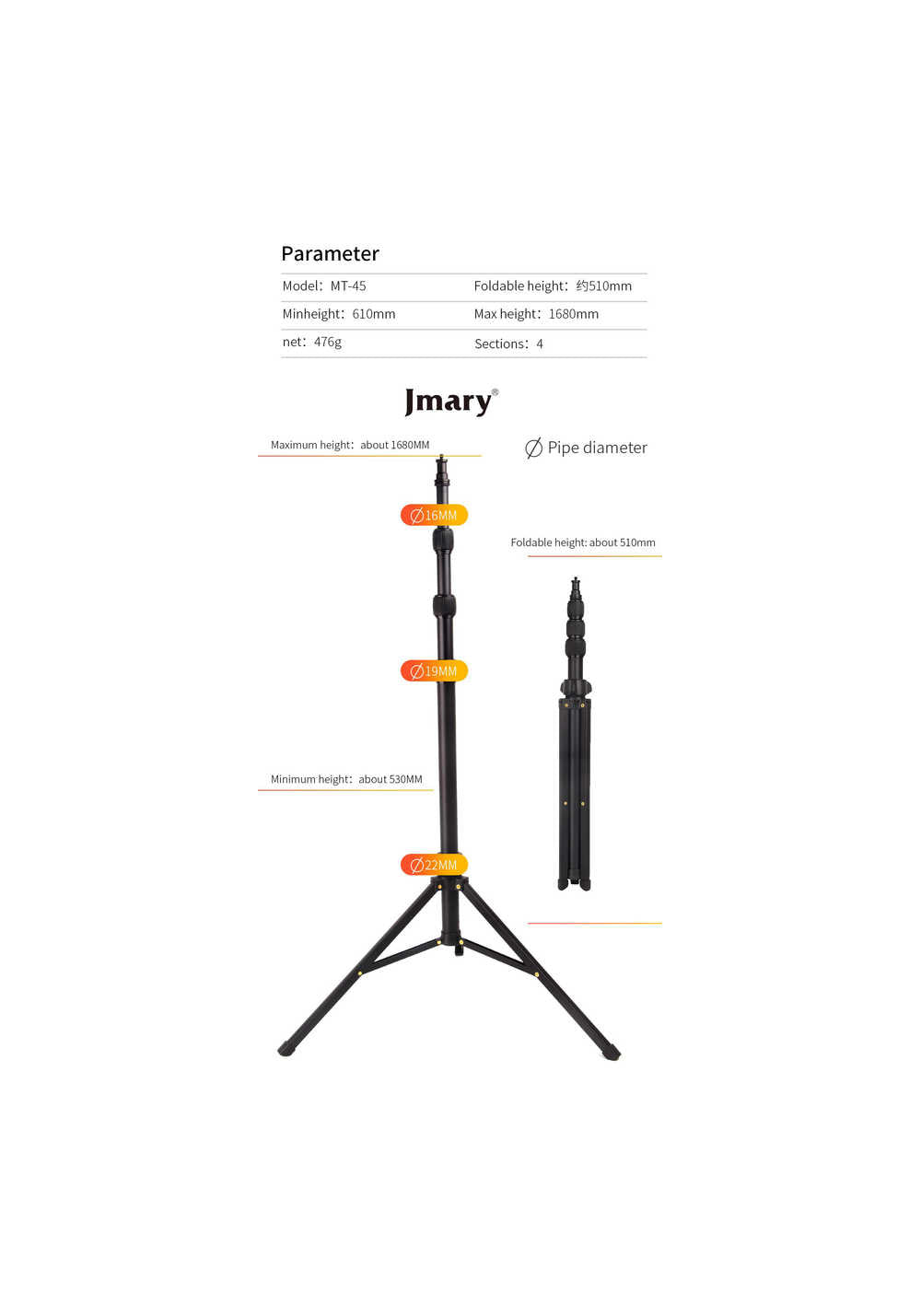 Jmary MT-45 – 168 cm Üç Kademeli Tripod