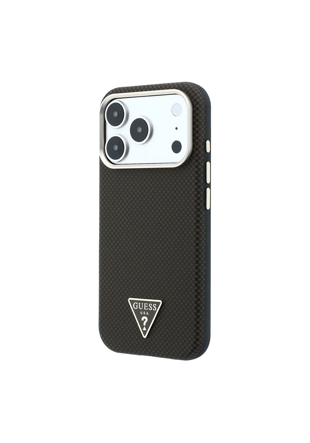Guess PU Metal Üçgen Logolu Karbon Fiber Kevlar – iPhone 18 Pro Kılıfı