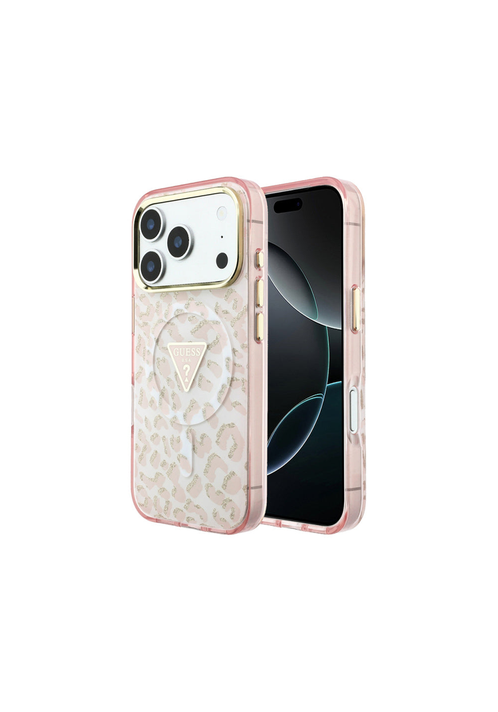 Guess Üçgen Logolu Simli Leopar Desenli – iPhone 18 Pro Max Kılıfı