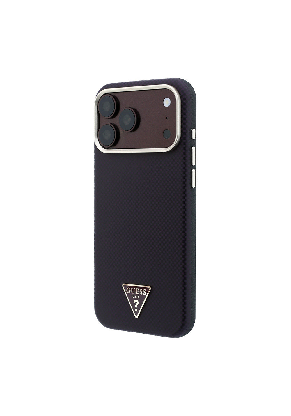 Guess PU Metal Üçgen Logolu Karbon Fiber Kevlar – iPhone 18 Pro Kılıfı