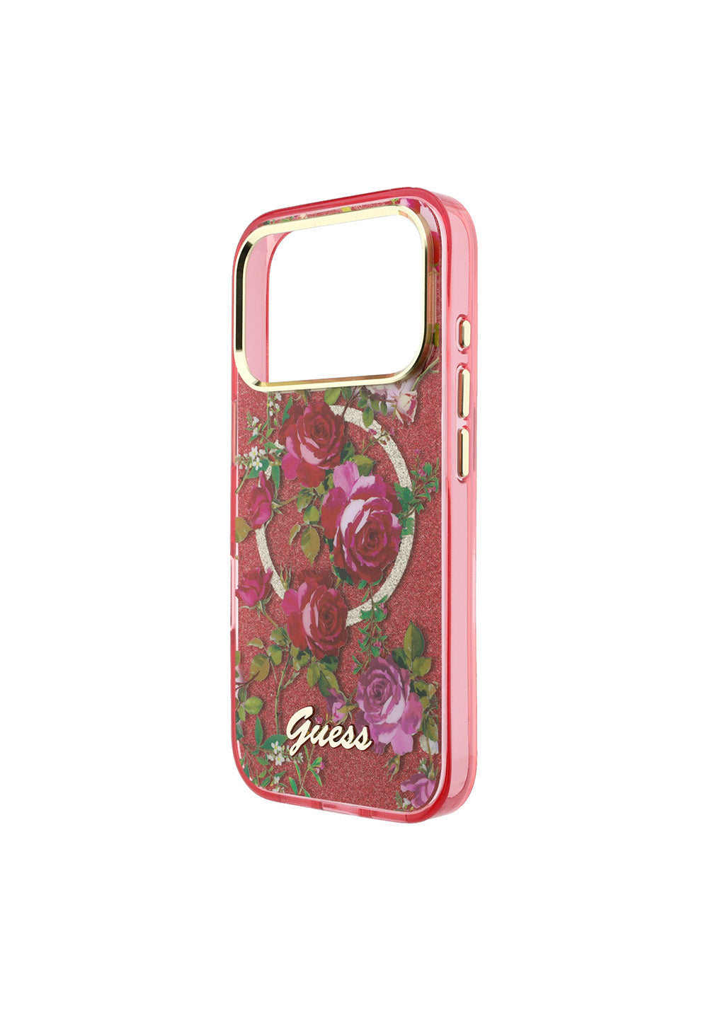 Guess Gül Desenli Simli Yazı Logolu – iPhone 18 Pro Max Kılıfı