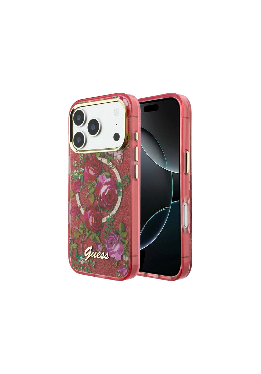 Guess Gül Desenli Simli Yazı Logolu – iPhone 18 Pro Max Kılıfı