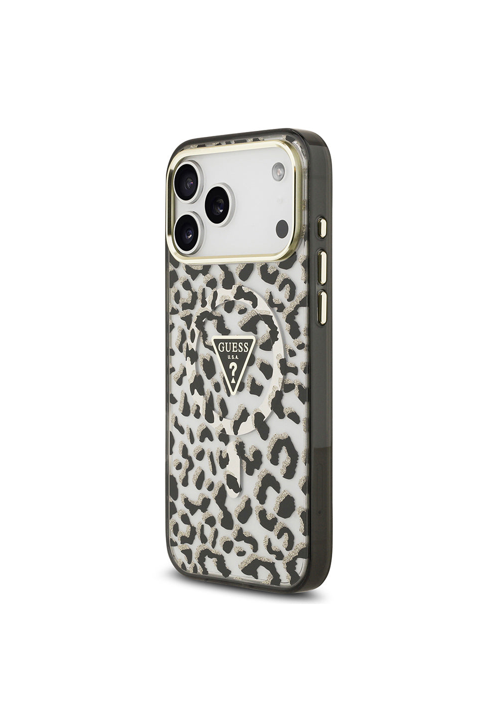 Guess Üçgen Logolu Simli Leopar Desenli – iPhone 18 Pro Max Kılıfı