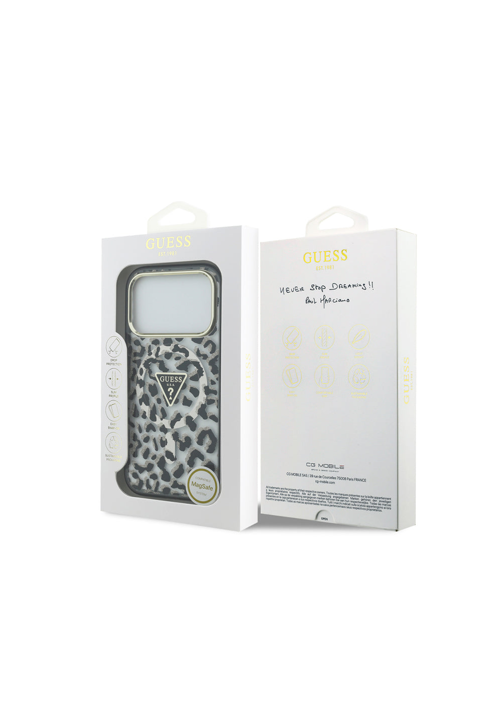 Guess Üçgen Logolu Simli Leopar Desenli – iPhone 18 Pro Kılıfı