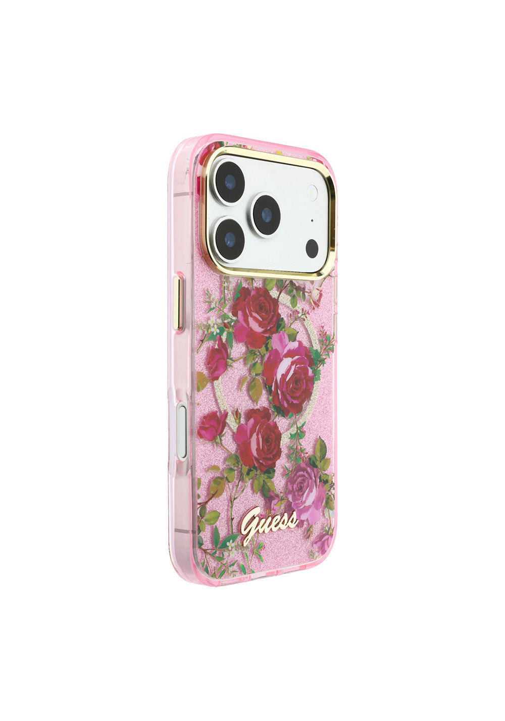 Guess Gül Desenli Simli Yazı Logolu – iPhone 18 Pro Kılıfı