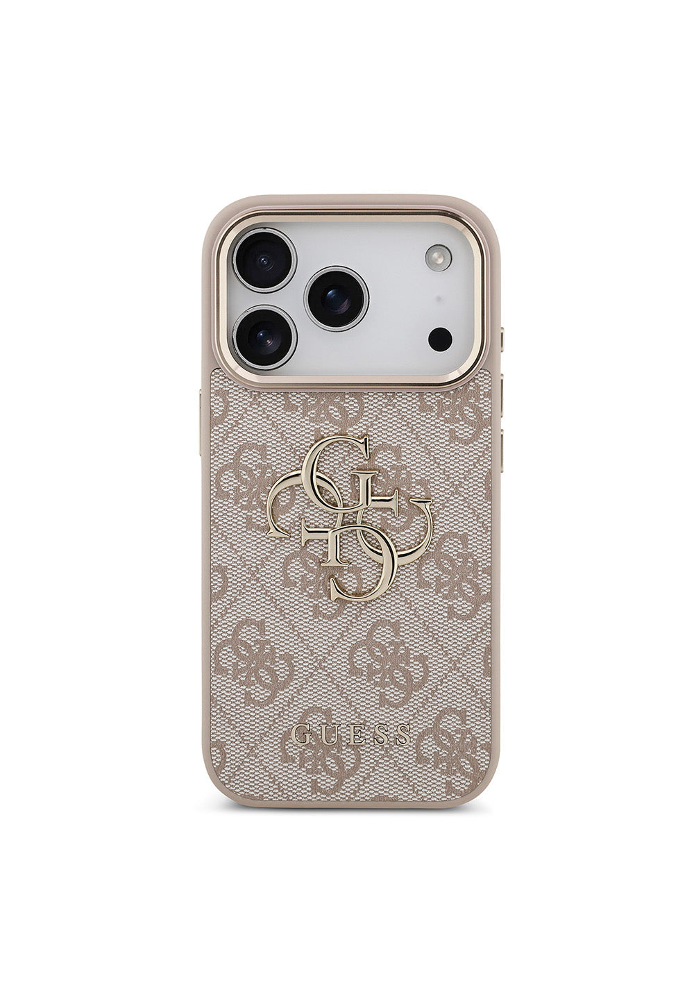 Guess Gold Metal Kamera Çerçeveli 4G Desenli Metal Büyük 4G ve Yazı Logolu – iPhone 18 Pro Kılıfı