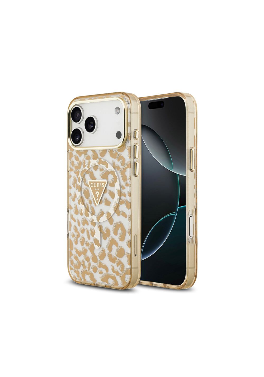 Guess Üçgen Logolu Simli Leopar Desenli – iPhone 18 Pro Max Kılıfı