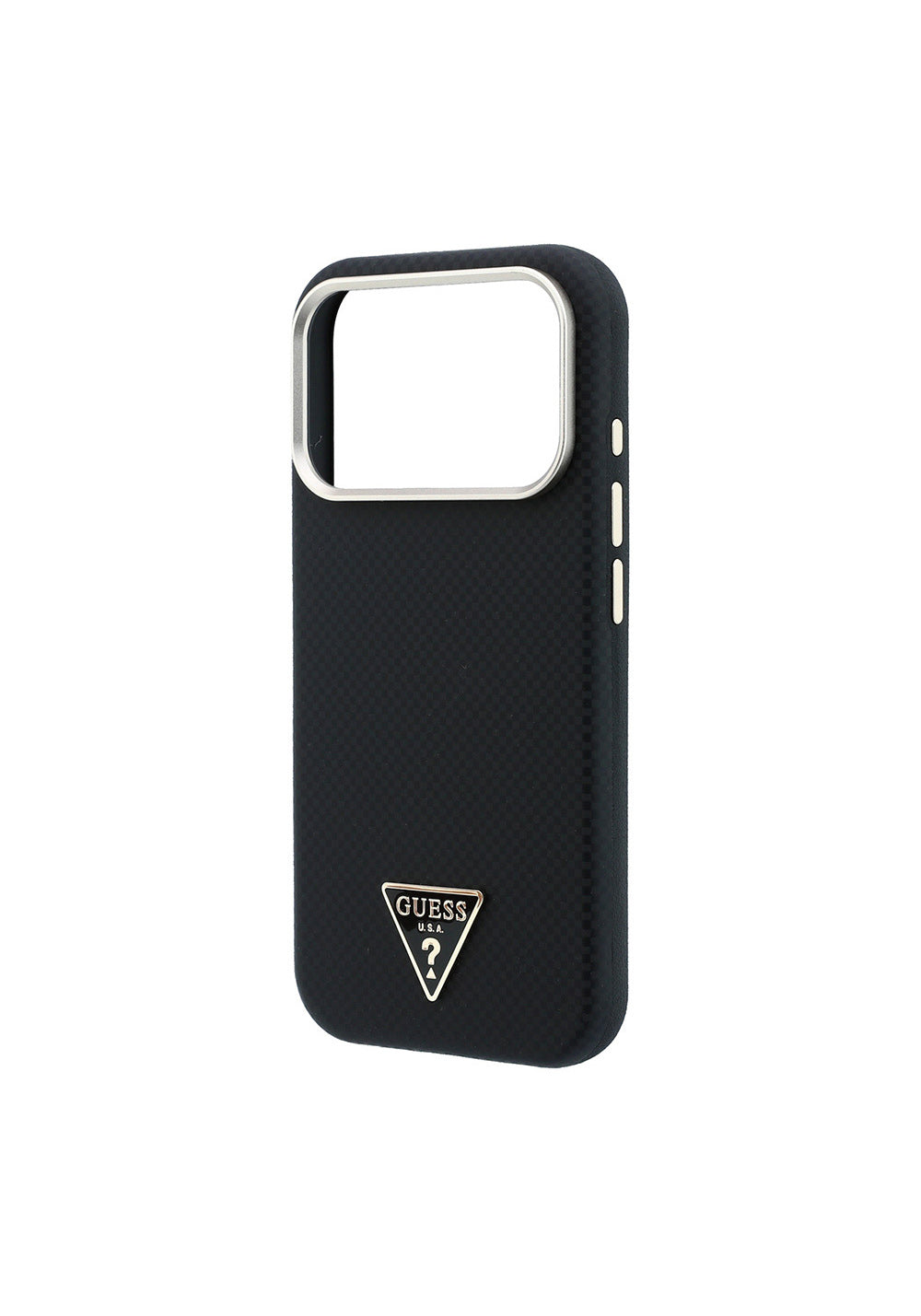 Guess PU Metal Üçgen Logolu Karbon Fiber Kevlar – iPhone 18 Pro Kılıfı
