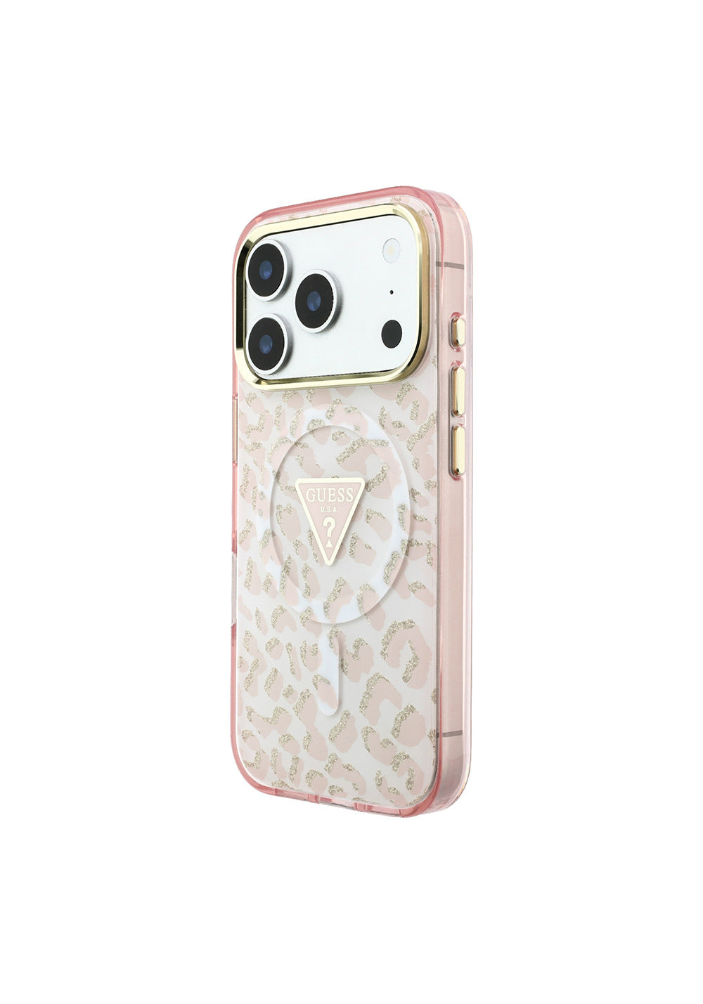 Guess Üçgen Logolu Simli Leopar Desenli – iPhone 18 Pro Max Kılıfı