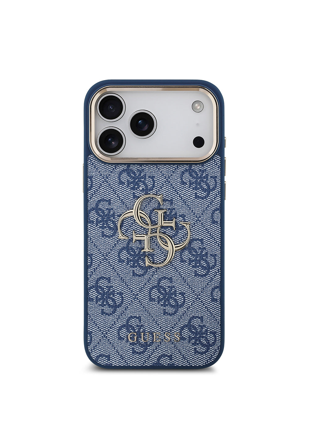 Guess Gold Metal Kamera Çerçeveli 4G Desenli Metal Büyük 4G ve Yazı Logolu – iPhone 18 Pro Max Kılıfı