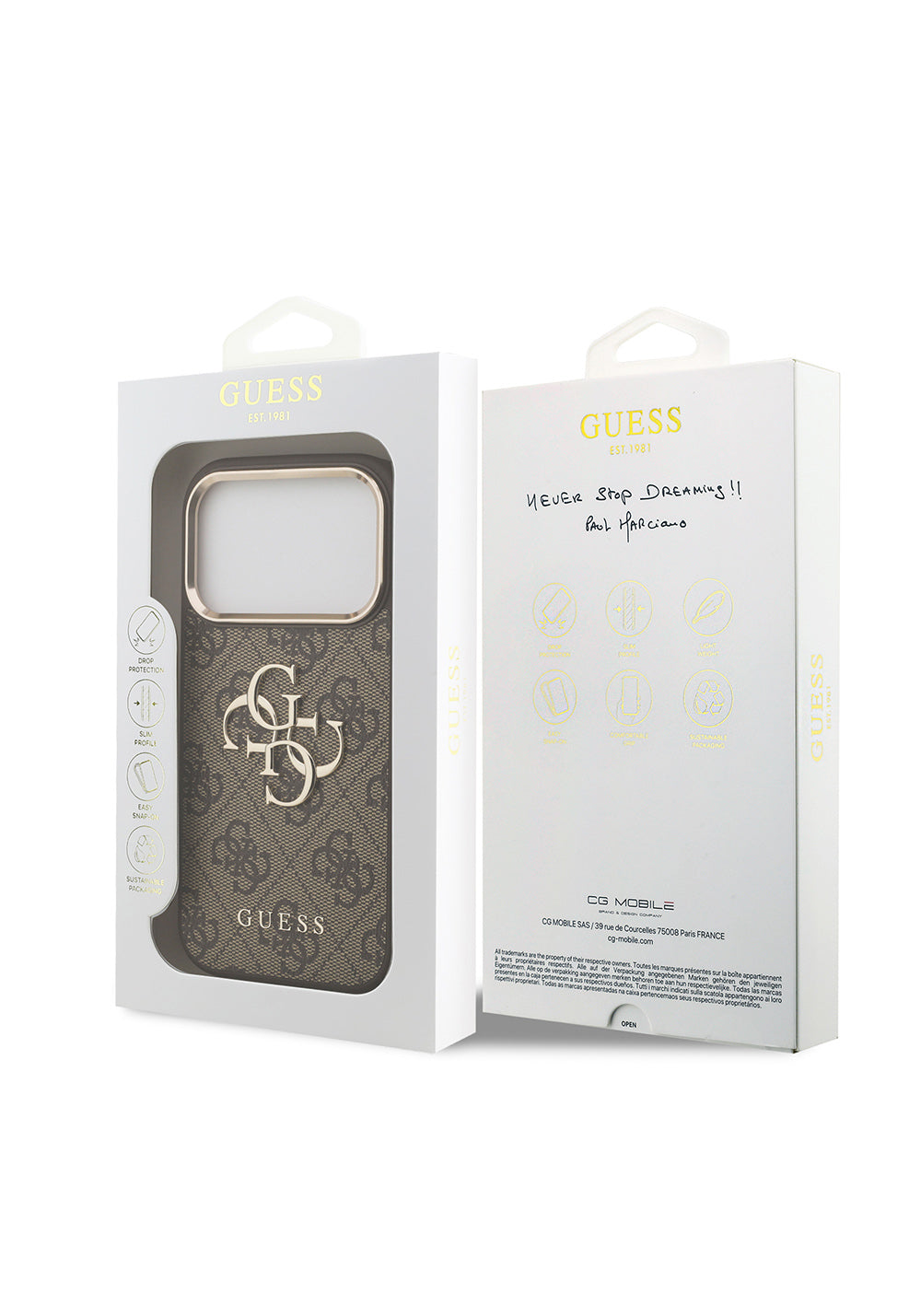Guess Gold Metal Kamera Çerçeveli 4G Desenli Metal Büyük 4G ve Yazı Logolu – iPhone 18 Pro Max Kılıfı