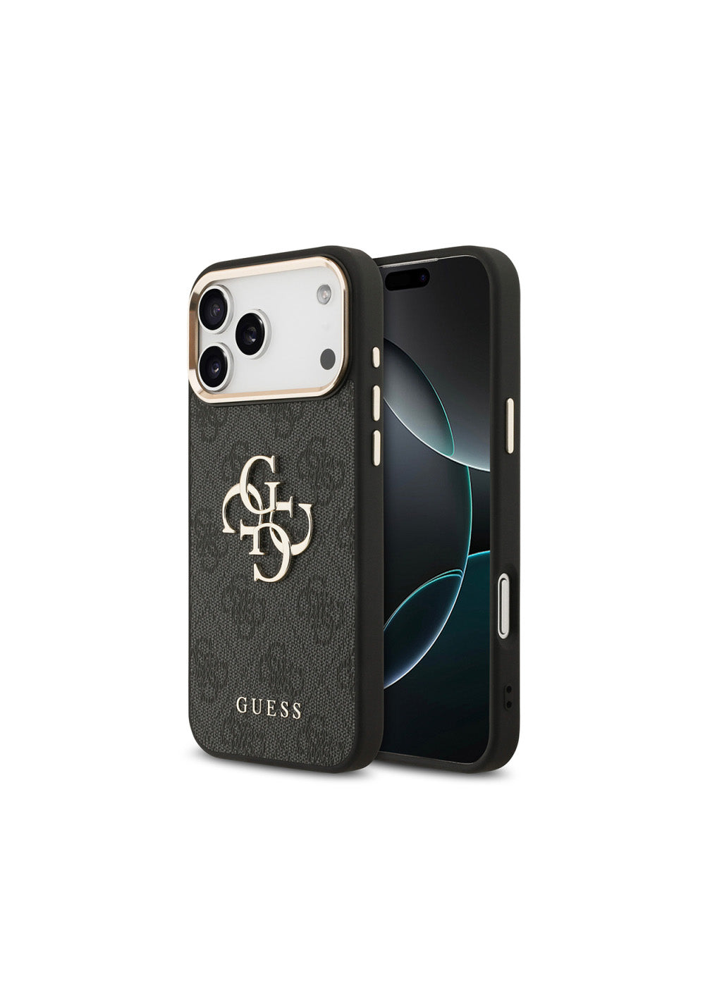 Guess Gold Metal Kamera Çerçeveli 4G Desenli Metal Büyük 4G ve Yazı Logolu – iPhone 18 Pro Max Kılıfı