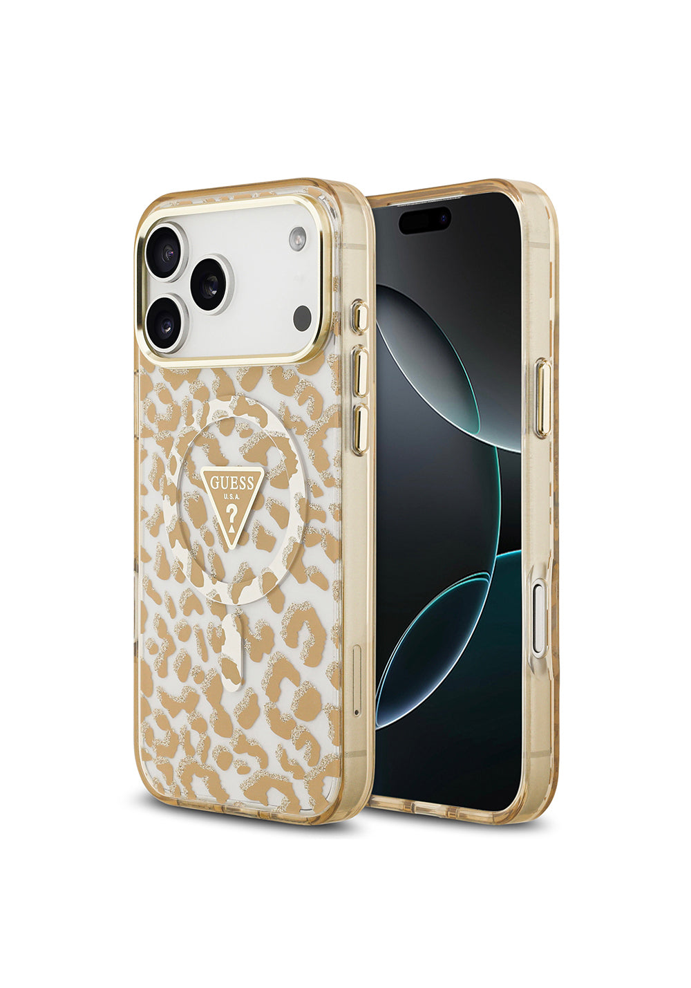 Guess Üçgen Logolu Simli Leopar Desenli – iPhone 18 Pro Kılıfı