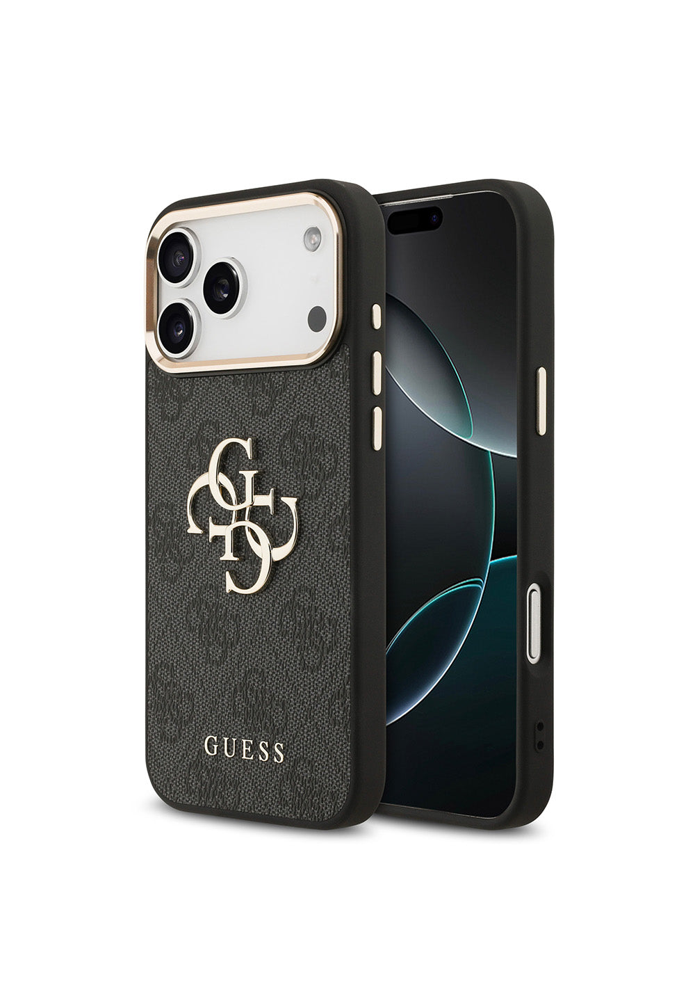 Guess Gold Metal Kamera Çerçeveli 4G Desenli Metal Büyük 4G ve Yazı Logolu – iPhone 18 Pro Max Kılıfı