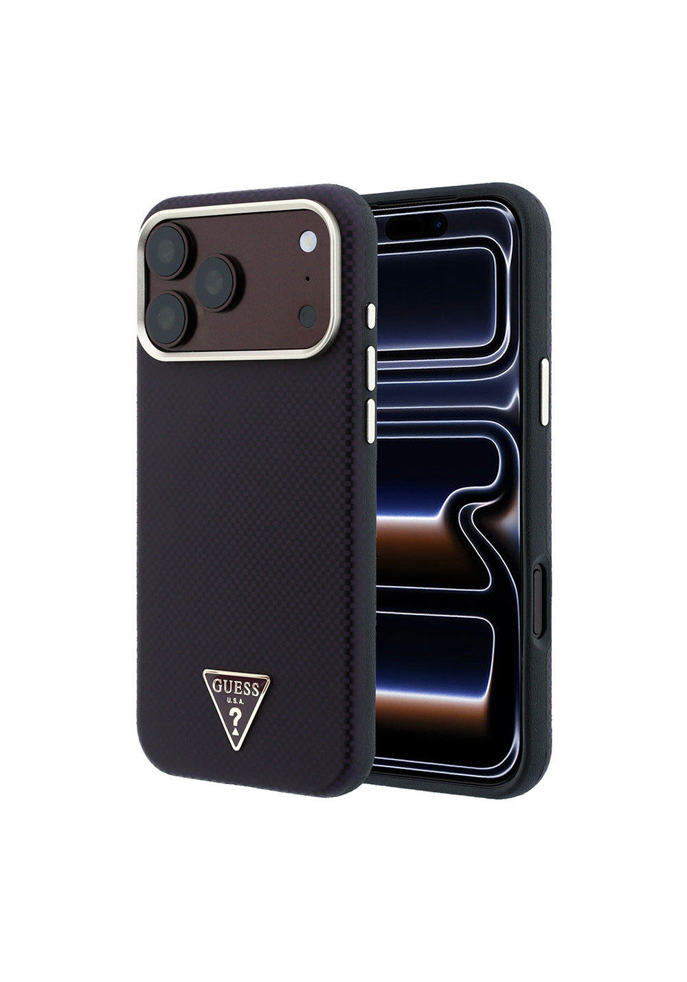 Guess PU Metal Üçgen Logolu Karbon Fiber Kevlar – iPhone 18 Pro Kılıfı