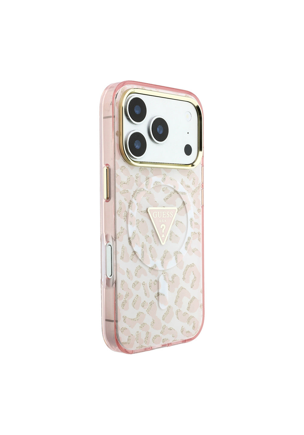 Guess Üçgen Logolu Simli Leopar Desenli – iPhone 18 Pro Max Kılıfı