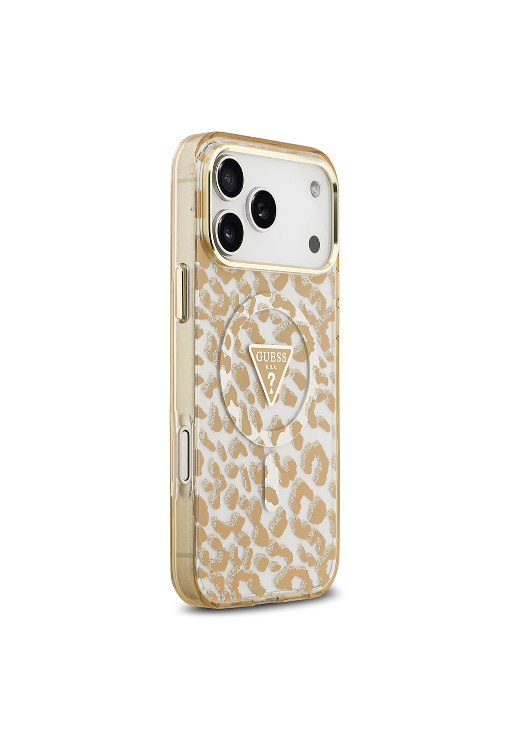 Guess Üçgen Logolu Simli Leopar Desenli – iPhone 18 Pro Max Kılıfı