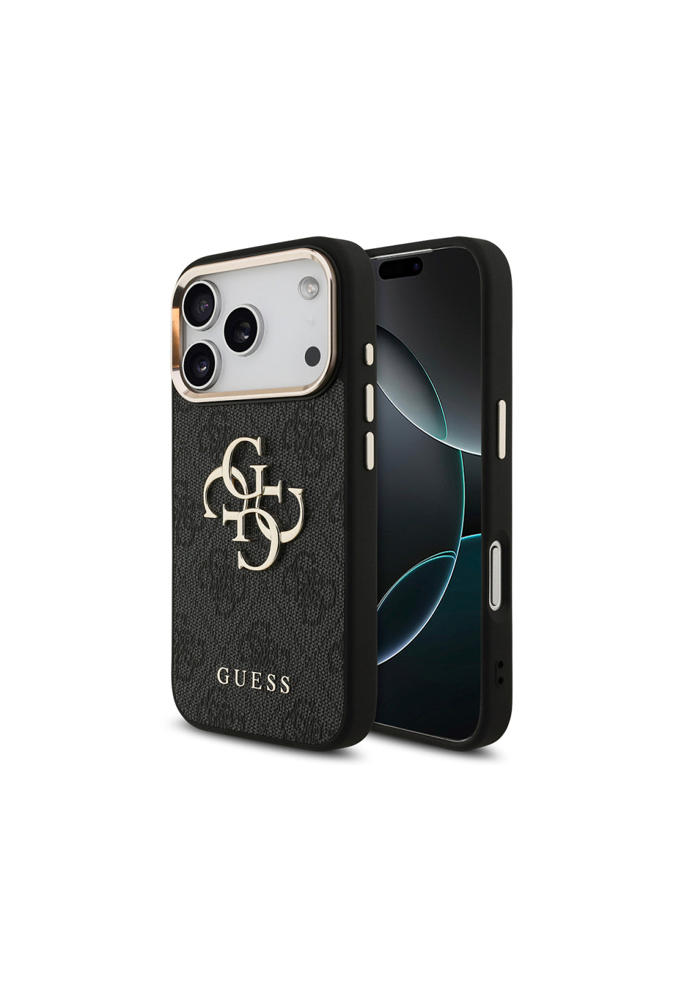Guess Gold Metal Kamera Çerçeveli 4G Desenli Metal Büyük 4G ve Yazı Logolu – iPhone 18 Pro Kılıfı