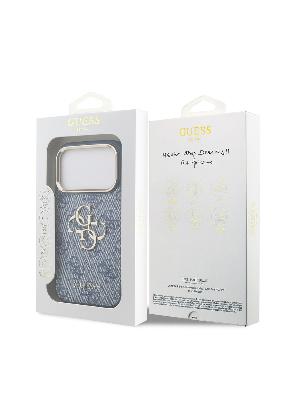 Guess Gold Metal Kamera Çerçeveli 4G Desenli Metal Büyük 4G ve Yazı Logolu – iPhone 18 Pro Kılıfı