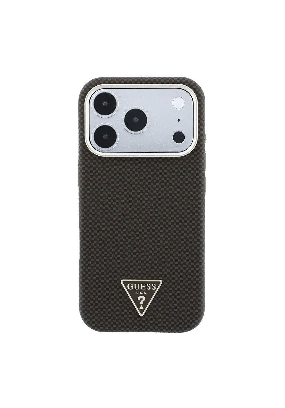 Guess PU Metal Üçgen Logolu Karbon Fiber Kevlar – iPhone 18 Pro Kılıfı