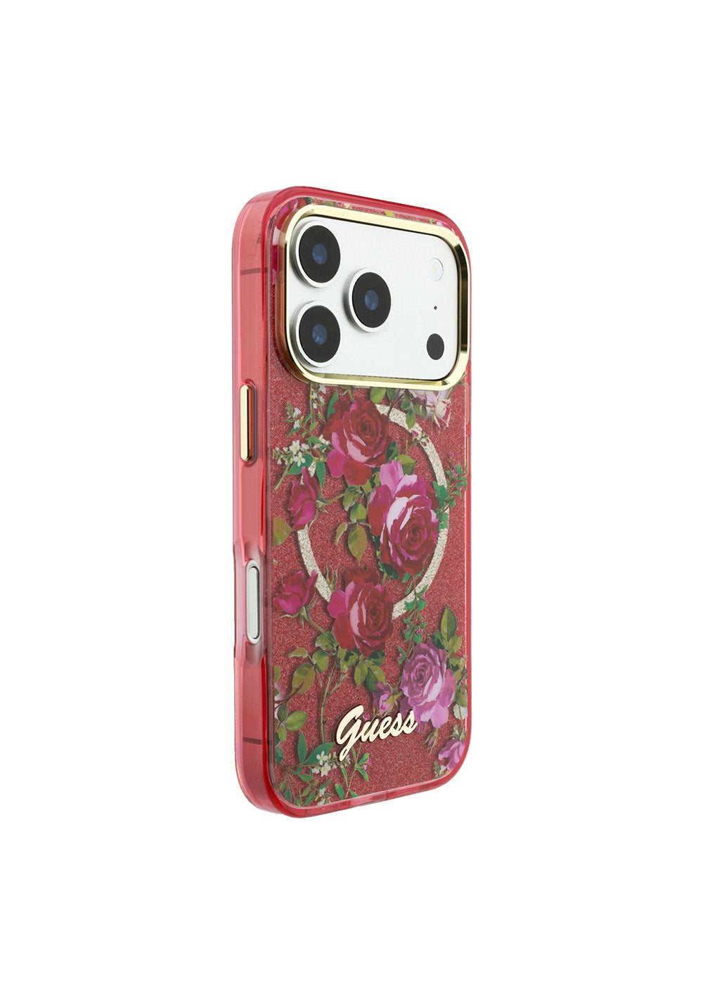 Guess Gül Desenli Simli Yazı Logolu – iPhone 18 Pro Max Kılıfı