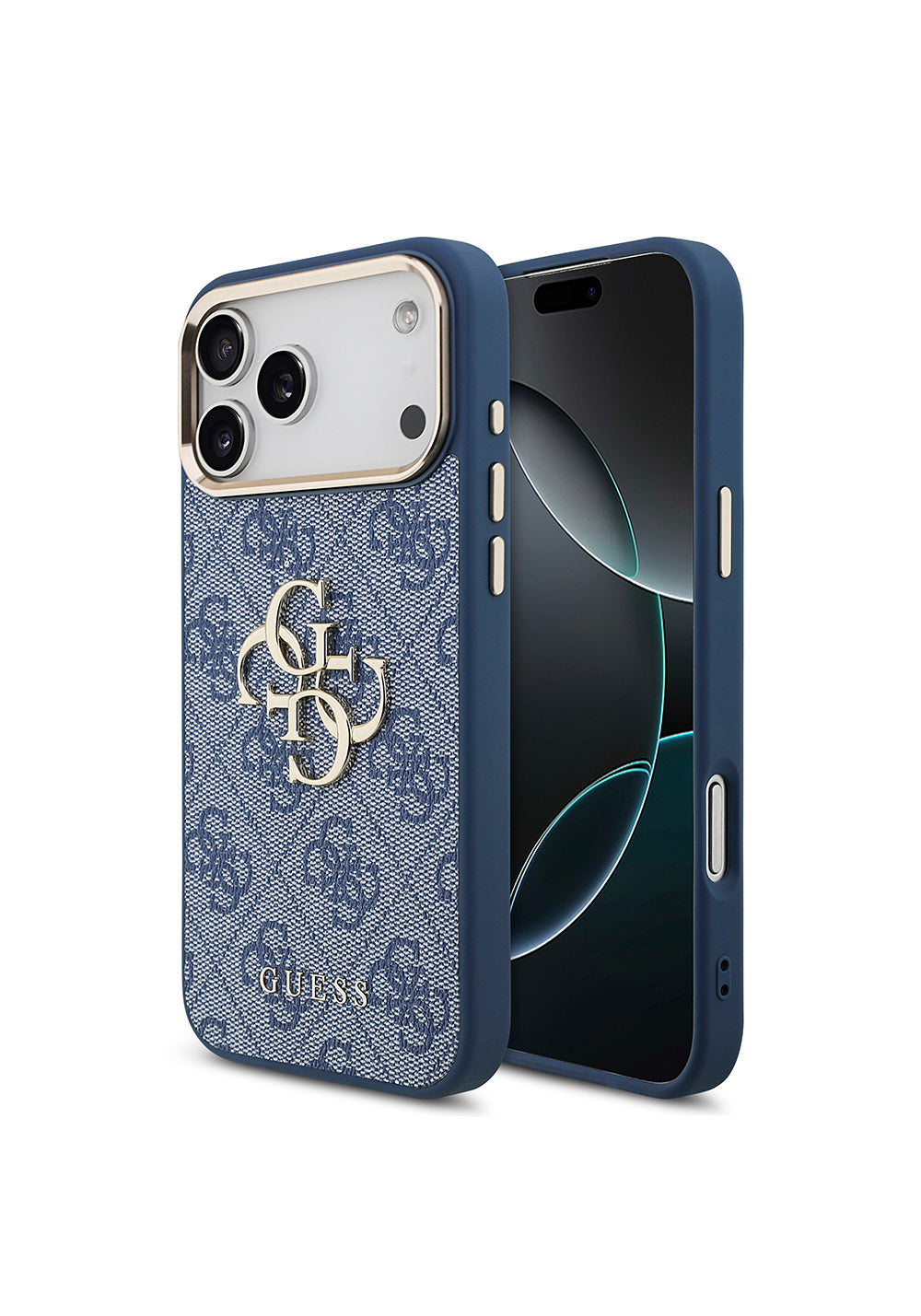 Guess Gold Metal Kamera Çerçeveli 4G Desenli Metal Büyük 4G ve Yazı Logolu – iPhone 18 Pro Max Kılıfı