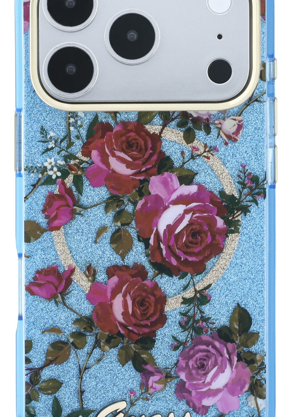 Guess Gül Desenli Simli Yazı Logolu – iPhone 18 Pro Kılıfı