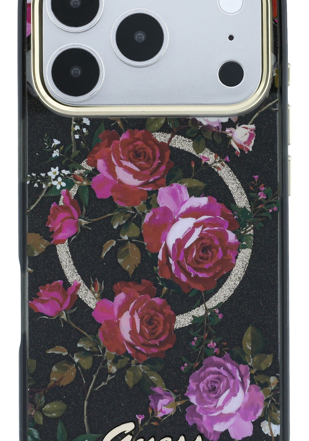 Guess Gül Desenli Simli Yazı Logolu – iPhone 18 Pro Kılıfı