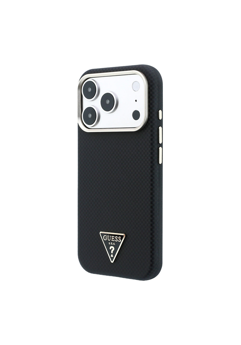 Guess PU Metal Üçgen Logolu Karbon Fiber Kevlar – iPhone 18 Pro Kılıfı