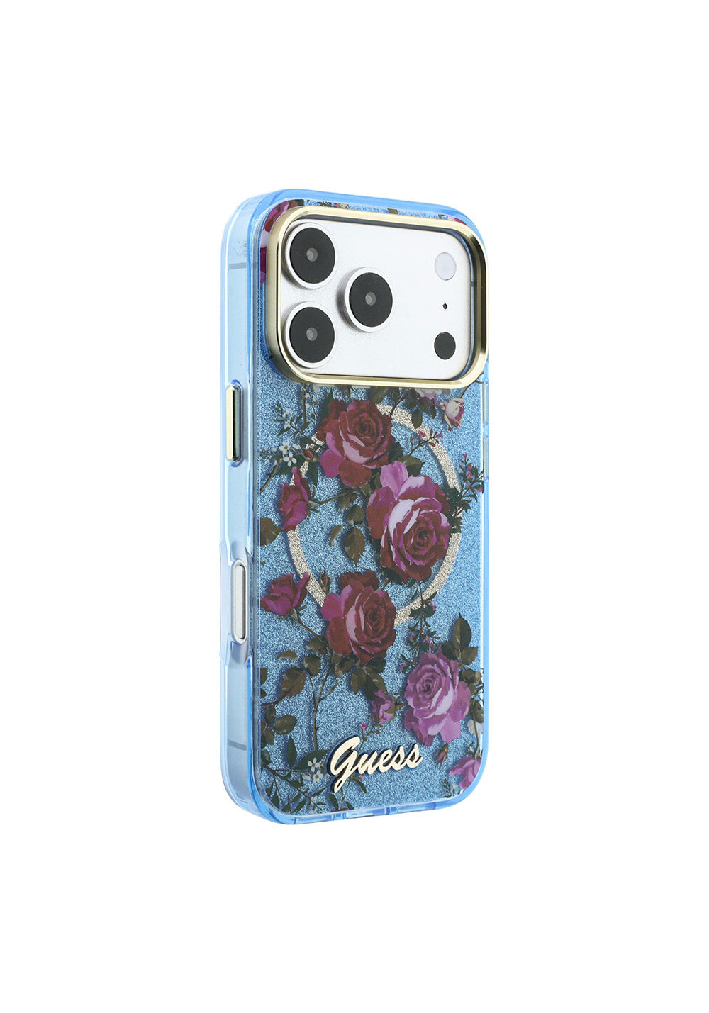 Guess Gül Desenli Simli Yazı Logolu – iPhone 18 Pro Max Kılıfı