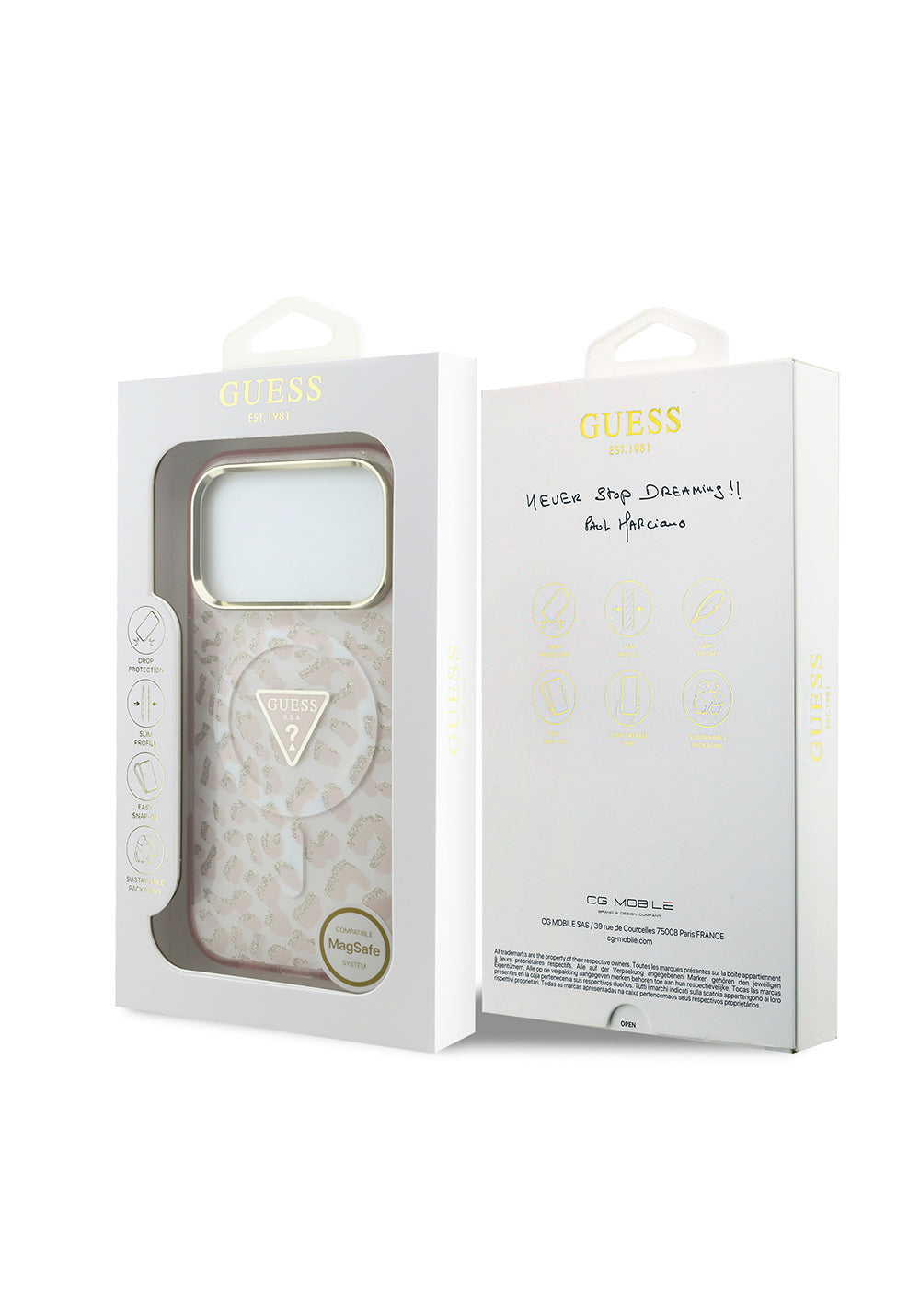 Guess Üçgen Logolu Simli Leopar Desenli – iPhone 18 Pro Max Kılıfı