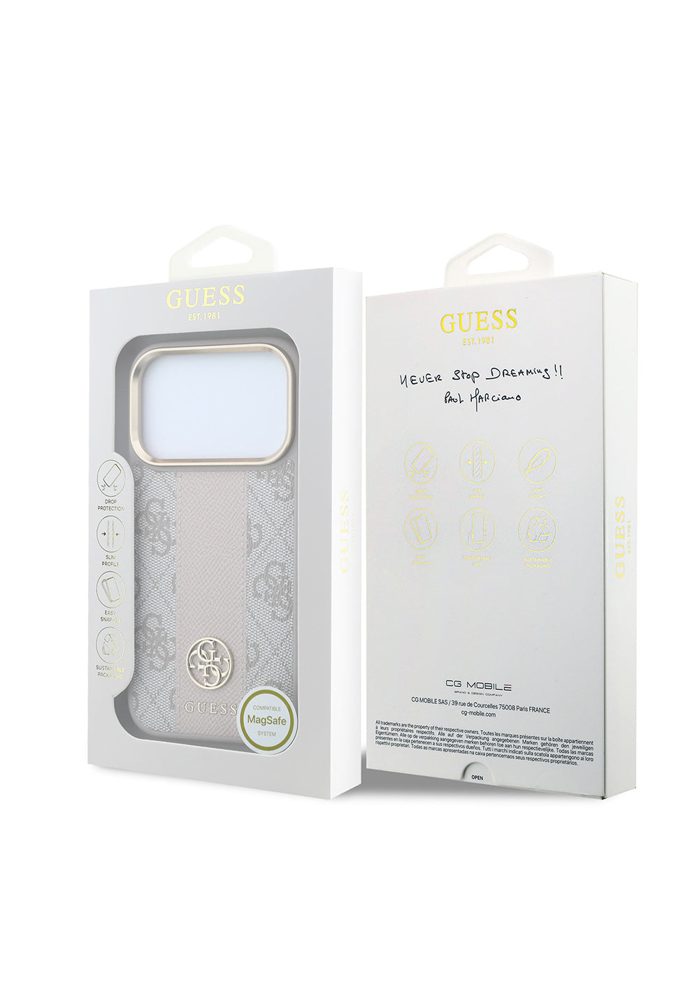 Guess Deri 4G Desenli Şeritli Yazı Logolu – iPhone 18 Pro Kılıfı
