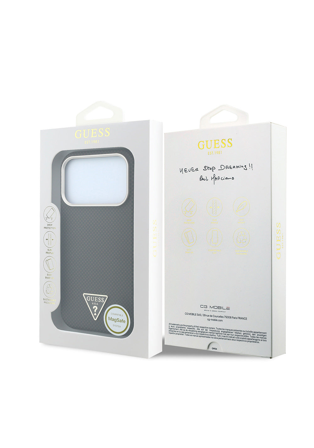 Guess PU Metal Üçgen Logolu Karbon Fiber Kevlar – iPhone 18 Pro Kılıfı