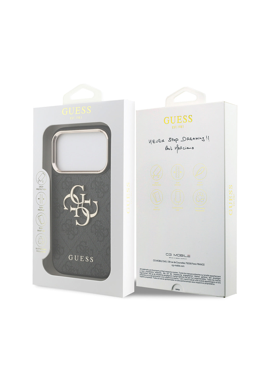 Guess Gold Metal Kamera Çerçeveli 4G Desenli Metal Büyük 4G ve Yazı Logolu – iPhone 18 Pro Kılıfı