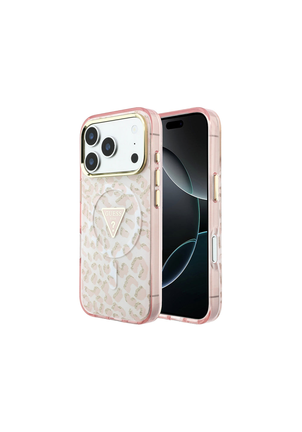 Guess Üçgen Logolu Simli Leopar Desenli – iPhone 18 Pro Kılıfı
