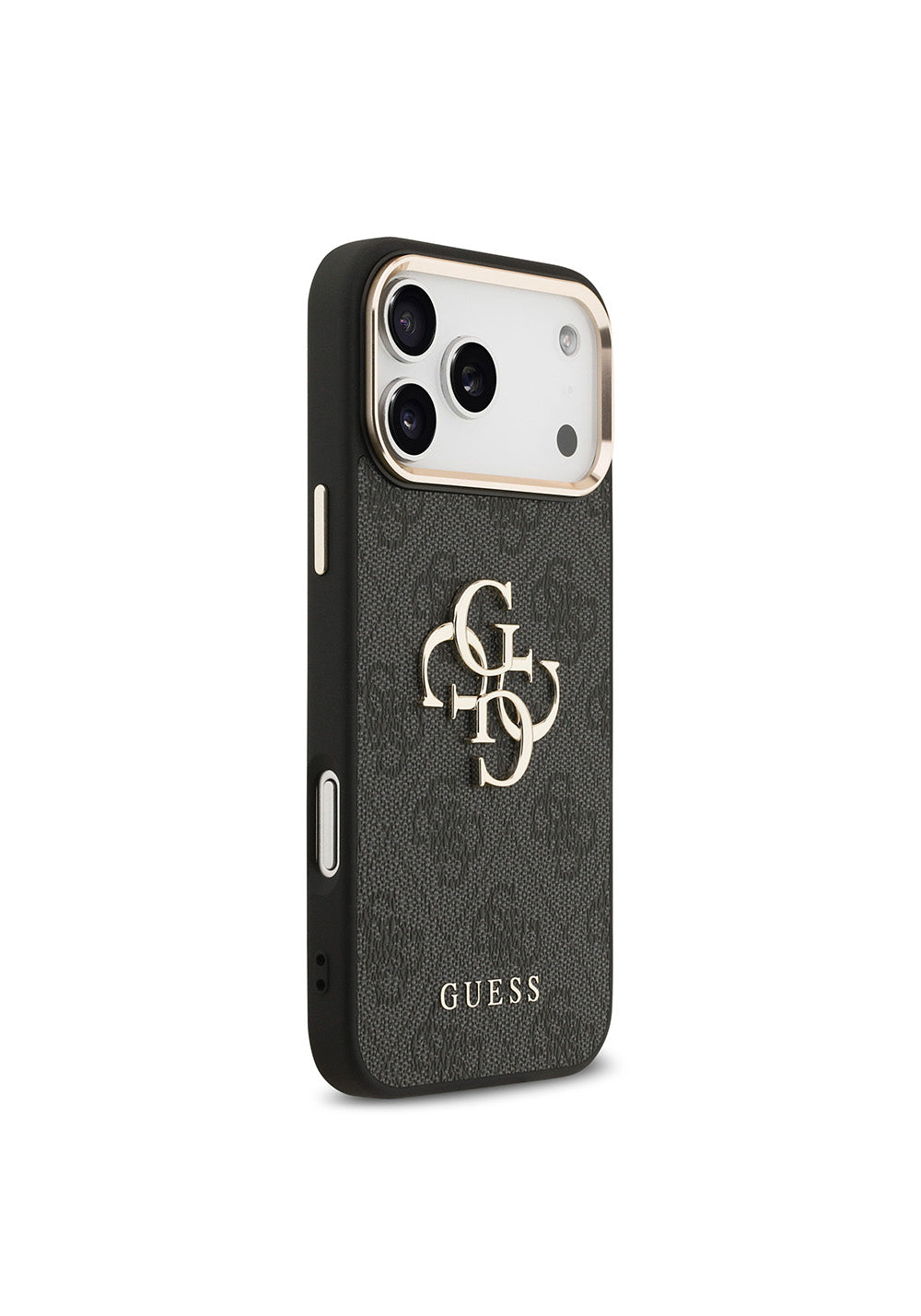 Guess Gold Metal Kamera Çerçeveli 4G Desenli Metal Büyük 4G ve Yazı Logolu – iPhone 18 Pro Max Kılıfı