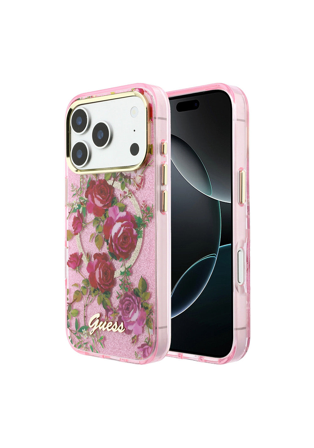Guess Gül Desenli Simli Yazı Logolu – iPhone 18 Pro Kılıfı