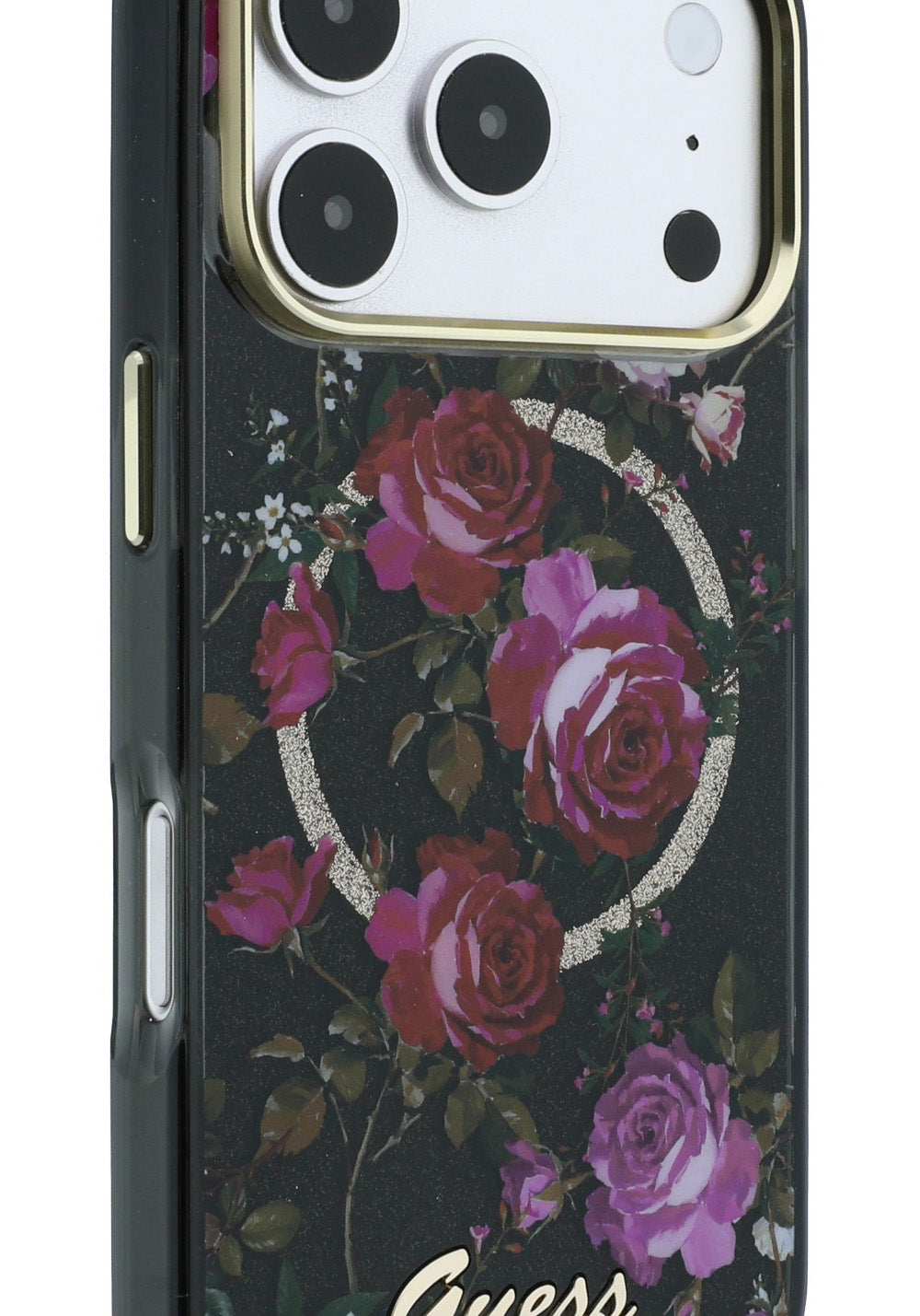 Guess Gül Desenli Simli Yazı Logolu – iPhone 18 Pro Kılıfı