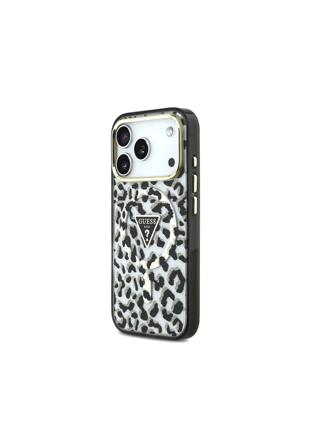 Guess Üçgen Logolu Simli Leopar Desenli – iPhone 18 Pro Kılıfı
