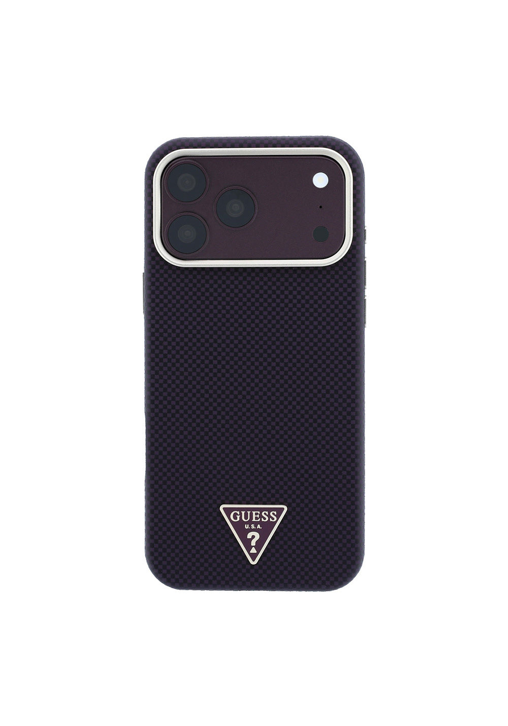 Guess PU Metal Üçgen Logolu Karbon Fiber Kevlar – iPhone 18 Pro Kılıfı