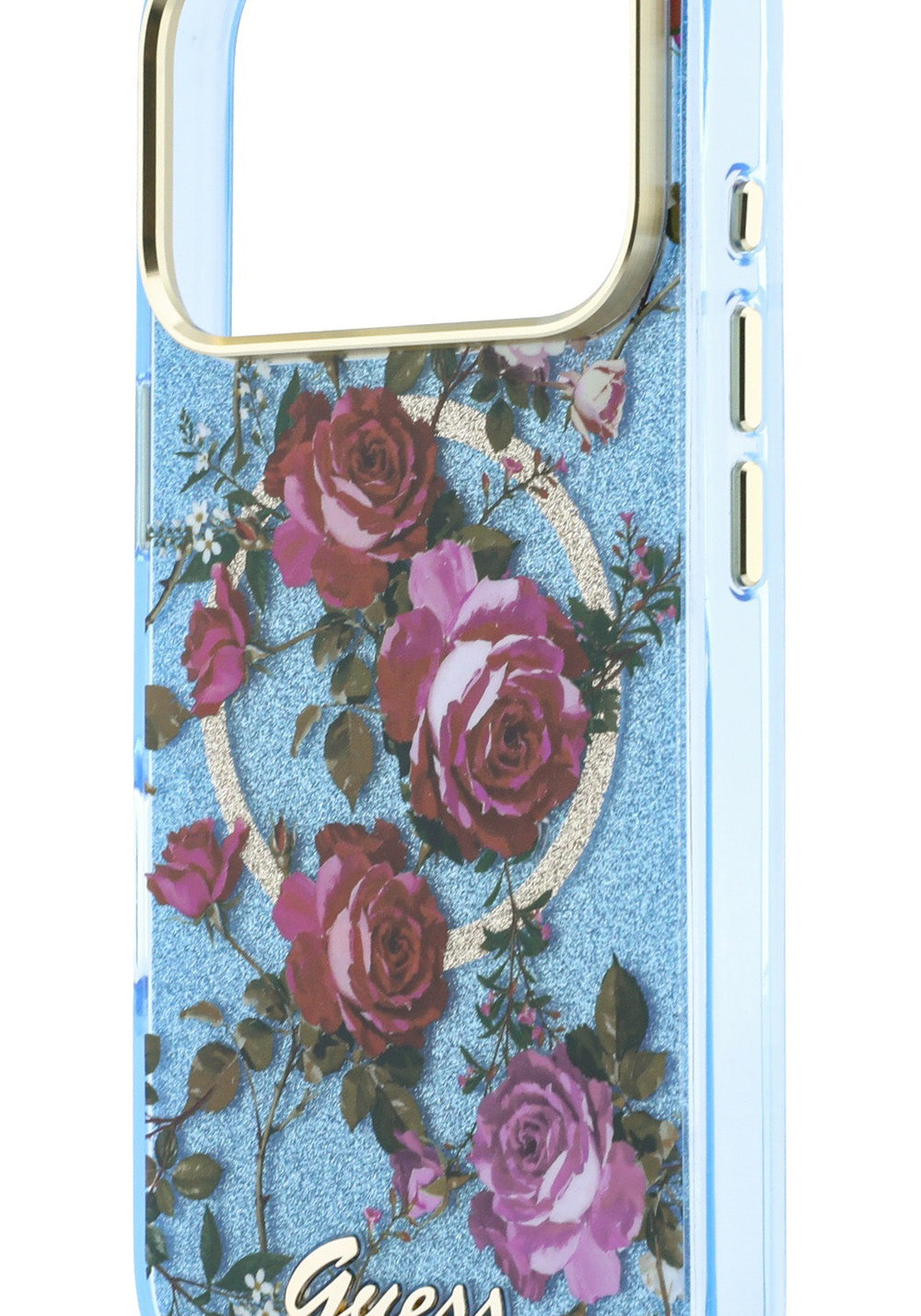 Guess Gül Desenli Simli Yazı Logolu – iPhone 18 Pro Kılıfı