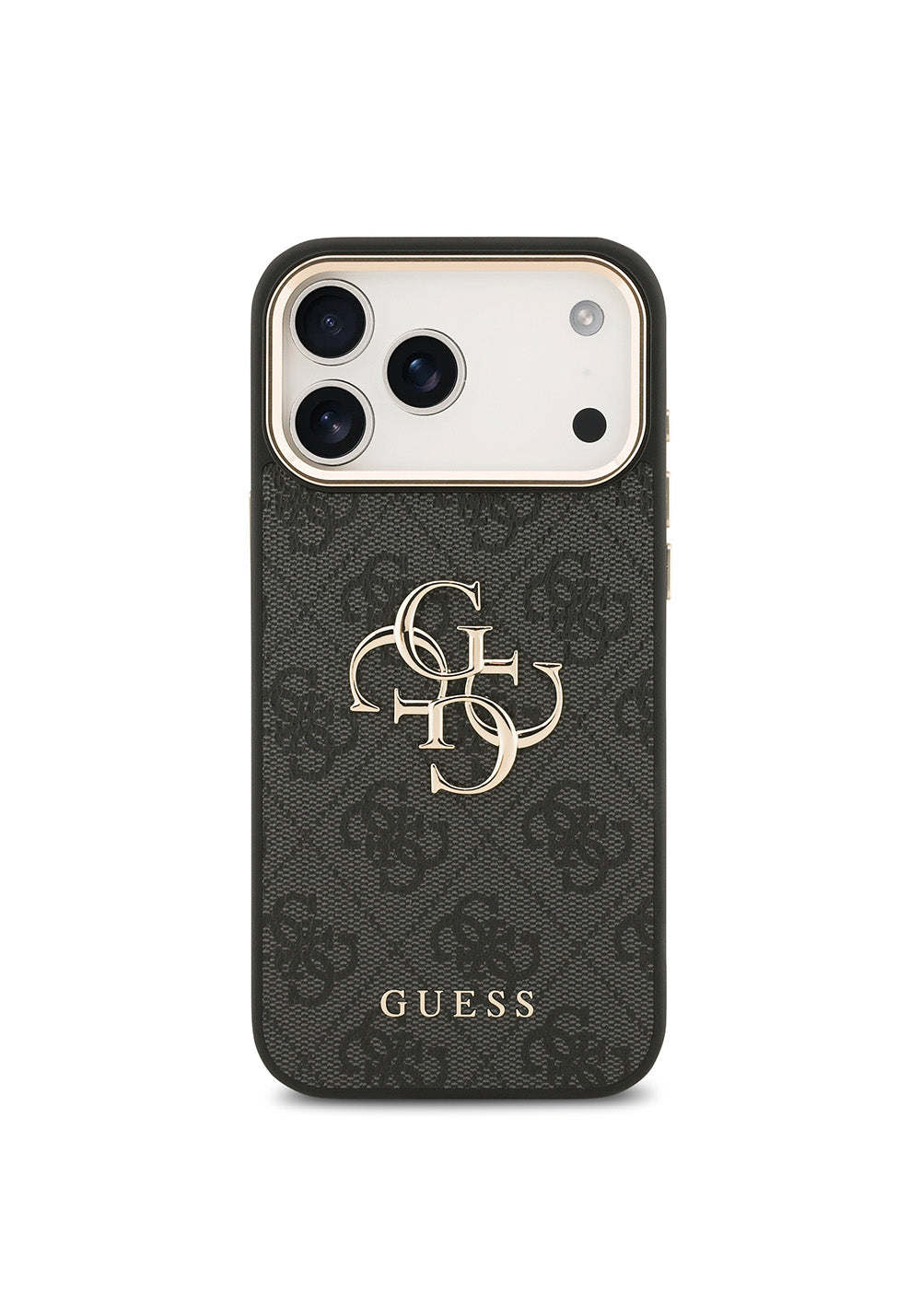 Guess Gold Metal Kamera Çerçeveli 4G Desenli Metal Büyük 4G ve Yazı Logolu – iPhone 18 Pro Max Kılıfı